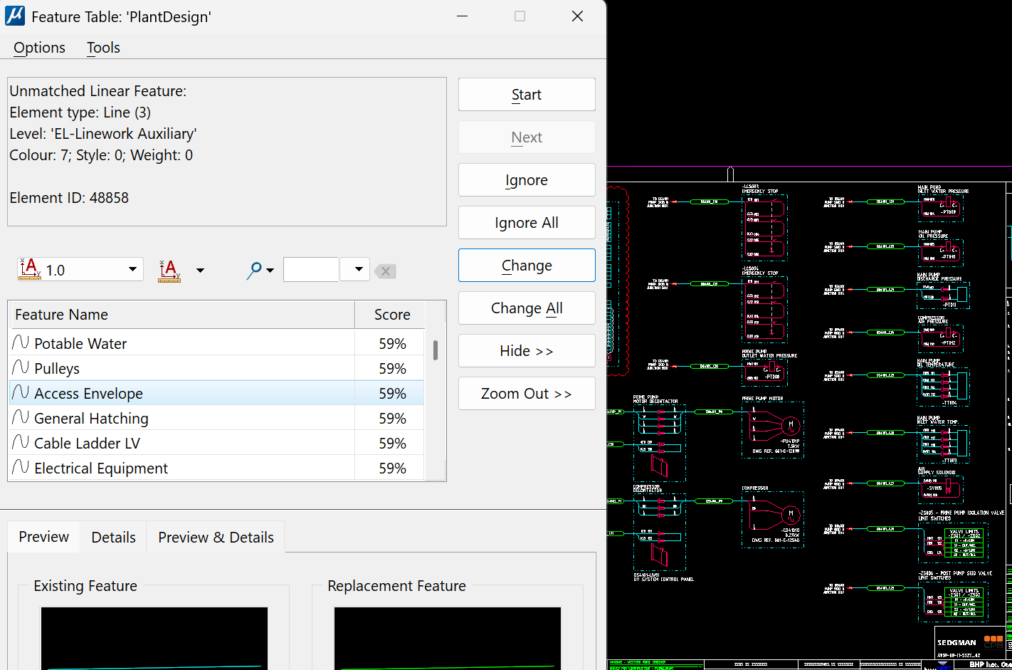 CADconform checking dialog showing a CAD standards error, correction options, and controls for reviewing and resolving the issue